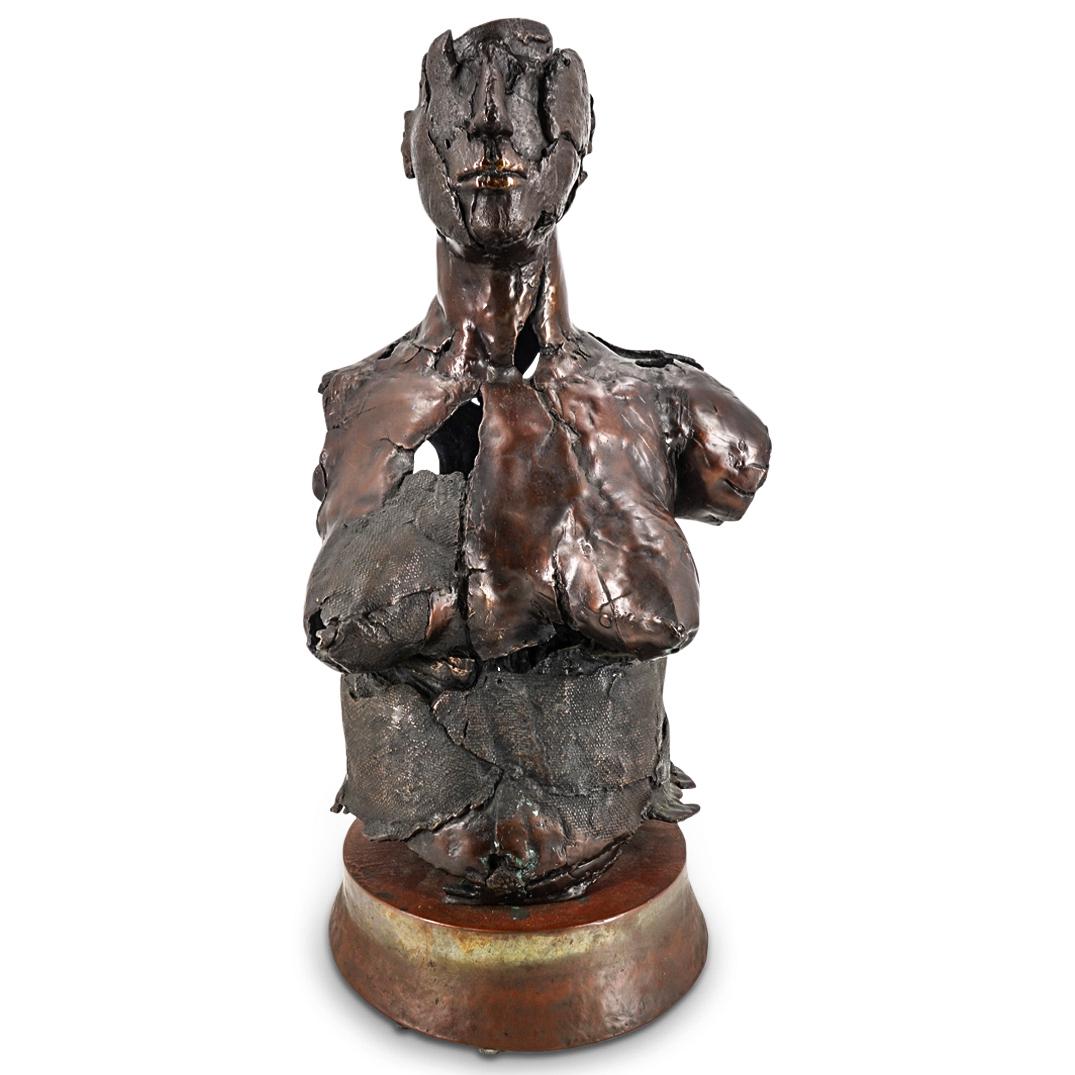 Bronze Brutalist Nude Woman's Bust: DESCRIPTION: Bronze, brutalist sculpture featuring a rich, brown patina and depicting a nude woman from navel to forehead sans arms. Piece is accented with rough patches around face, breasts, and wais