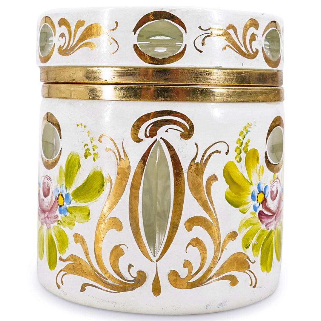 Antique Bohemian Cut White Glass Round Floral Box (1 of 5)