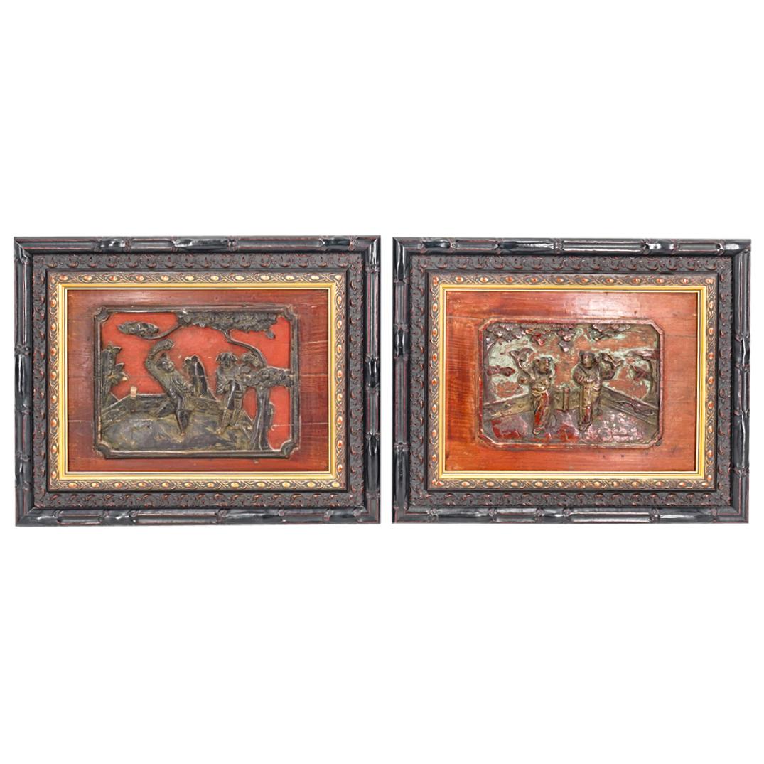 Pair Of Antique Chinese Lacquered Wooden Panels (1 of 6)