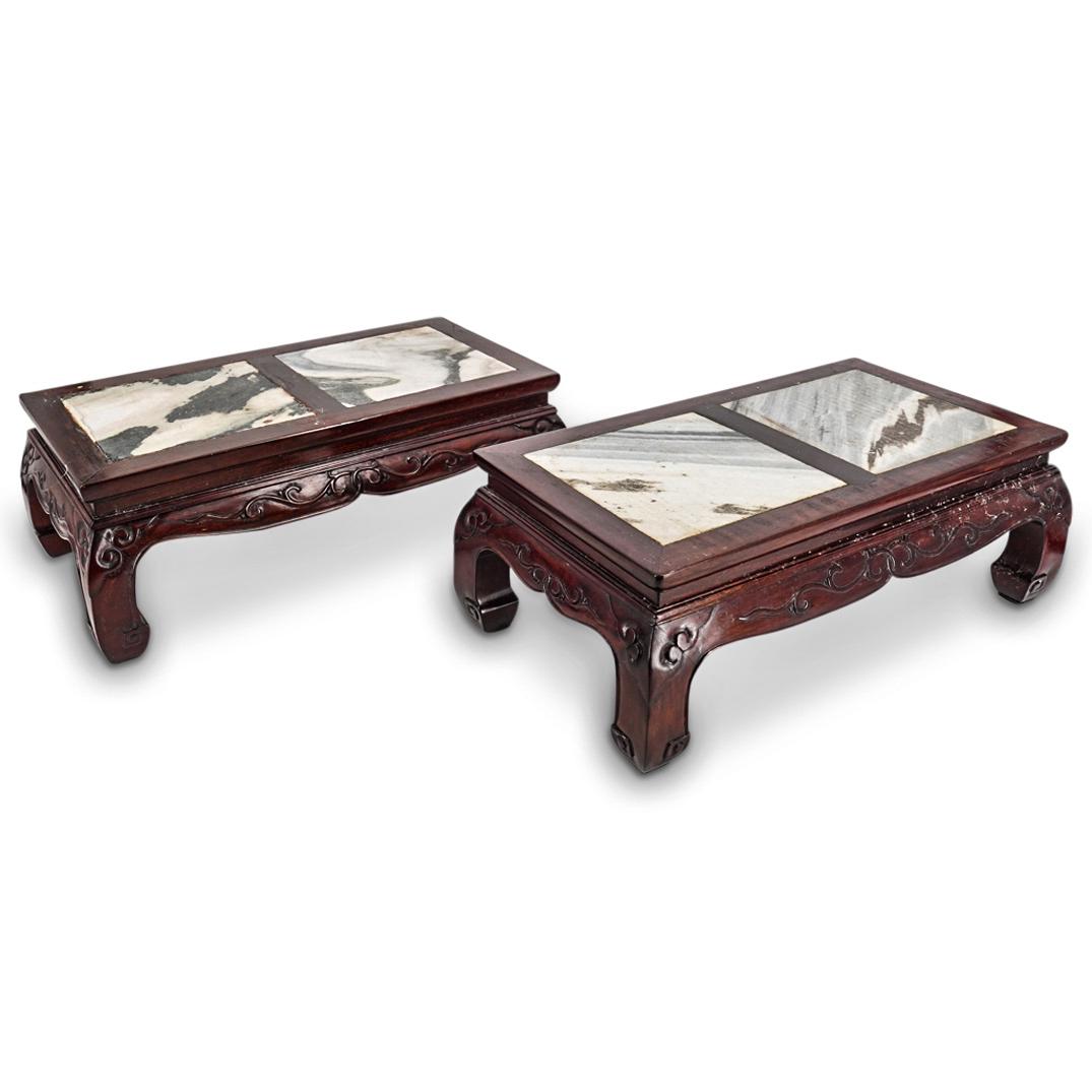 Pair Of Chinese Carved Wood And Marble Stands: DESCRIPTION: Two matching carved wood stands, each featuring a marble inset and decorated on the side with intertwining foliage designs in relief. One piece is signed on underside in Han characters CI