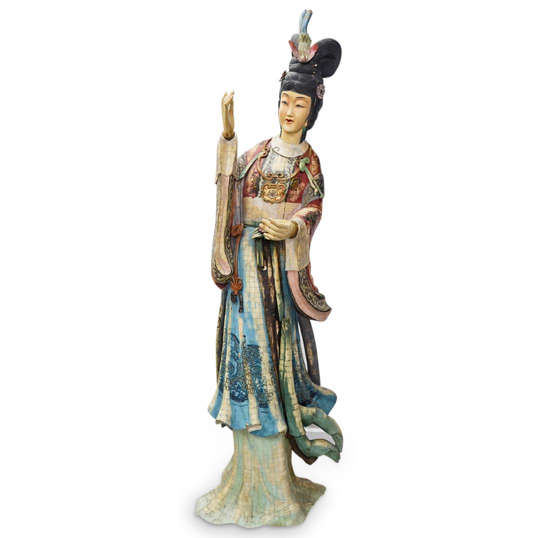 Lifesize Japanese Polychrome Bone Guan Yin: DESCRIPTION: A vintage Japanese tessellated bone Guan Yin statue with polychrome finish, depicted with flowing robe, pheasant in hair, and and amulet necklace, displayed on a wood carved base. CIRCA: 