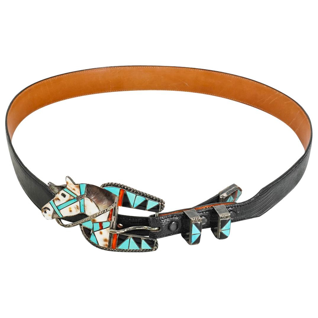 Lizard Leather Belt W/ Sterling Silver H-L Zunie Belt Buckle (1 of 5)