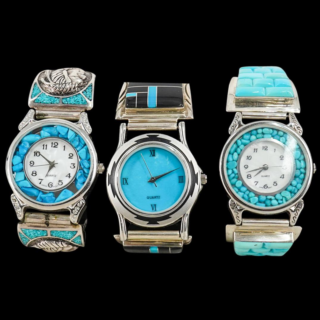(3 Pc) Navajo Designer Inlaid Turquoise and Sterling Watches (1 of 10)