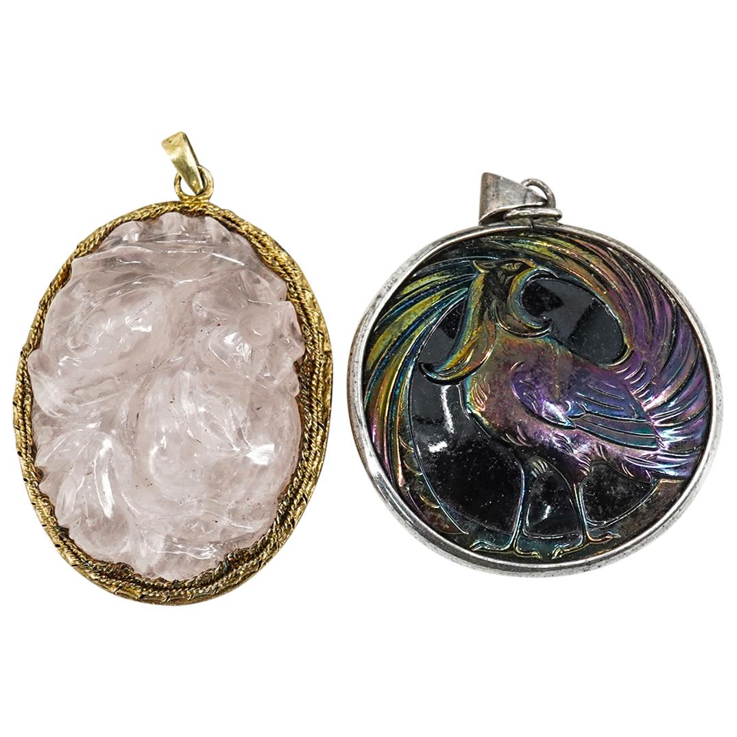 (2 Pc) Chinese Carved Quartz and Iridescent Sterling Brooches (1 of 6)
