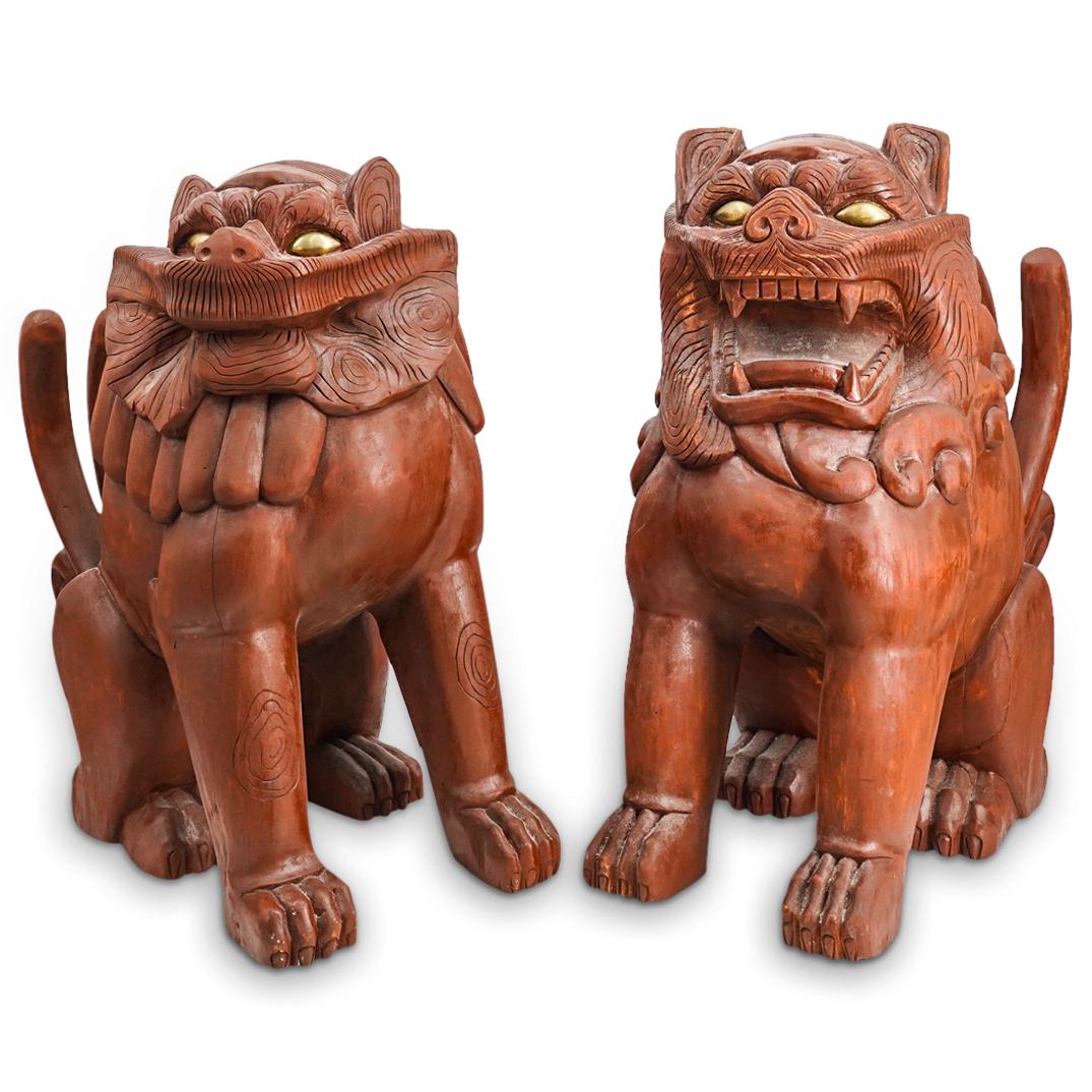 Pair Of Carved Wood Gilt Bronze Eyed Guardian Lions (1 of 9)