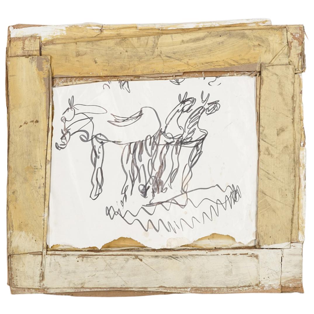 Purvis Young (American 1943-2010) Mixed Media Painting: DESCRIPTION: Purvis Young (American, 1943-2010) Mixed media composed of cardboard, paper, and marker, house paints. Featuring the depiction of Young's traditional horse groups in black marker with pai