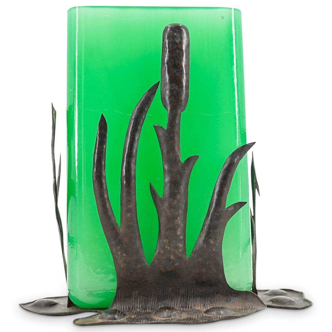 Steuben Glass Green Jade Rectangular Vase In Cattail Metal Holder (1 of 6)
