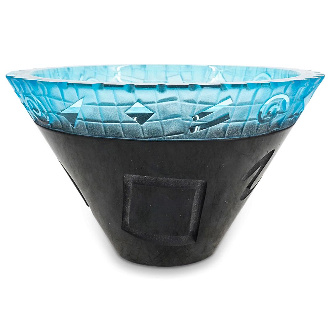Robert Mccandless Etched Glass Bowl: DESCRIPTION: A Robert Mccandless Etched glass bowl composed of black lower half and blue tinted rim, decorated with a series of geometric and swirl shapes, acid etched "Sakasi" and Hand Signed "Robert