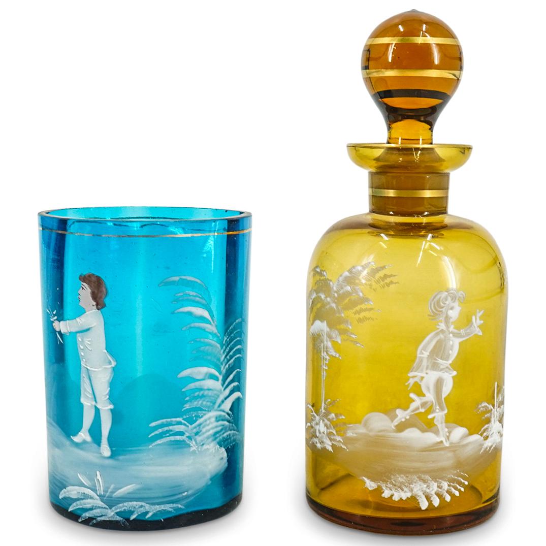 (2 Pc) Antique Mary Gregory Enameled Art Glass Tumbler & Bottle Set (1 of 3)