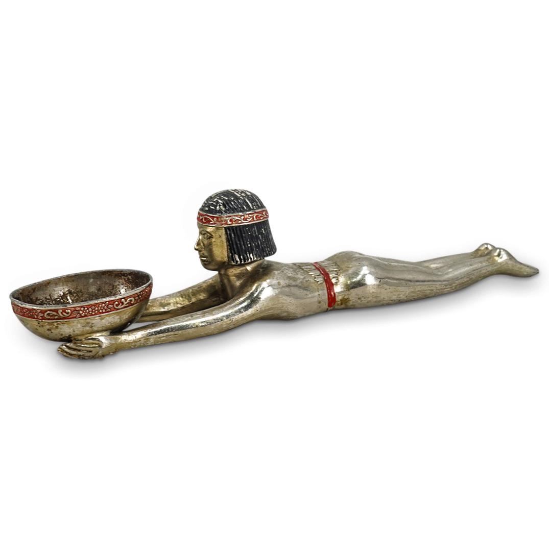 Japanese Egyptian Revival Figural Incense Burner: DESCRIPTION: A vintage Japanese Egyptian revival figural incense burner depicting a seminude female figure laying down and holding an oval vessel. Marked Hkk Japan. CIRCA: 20th Century ORIGIN: Japan D