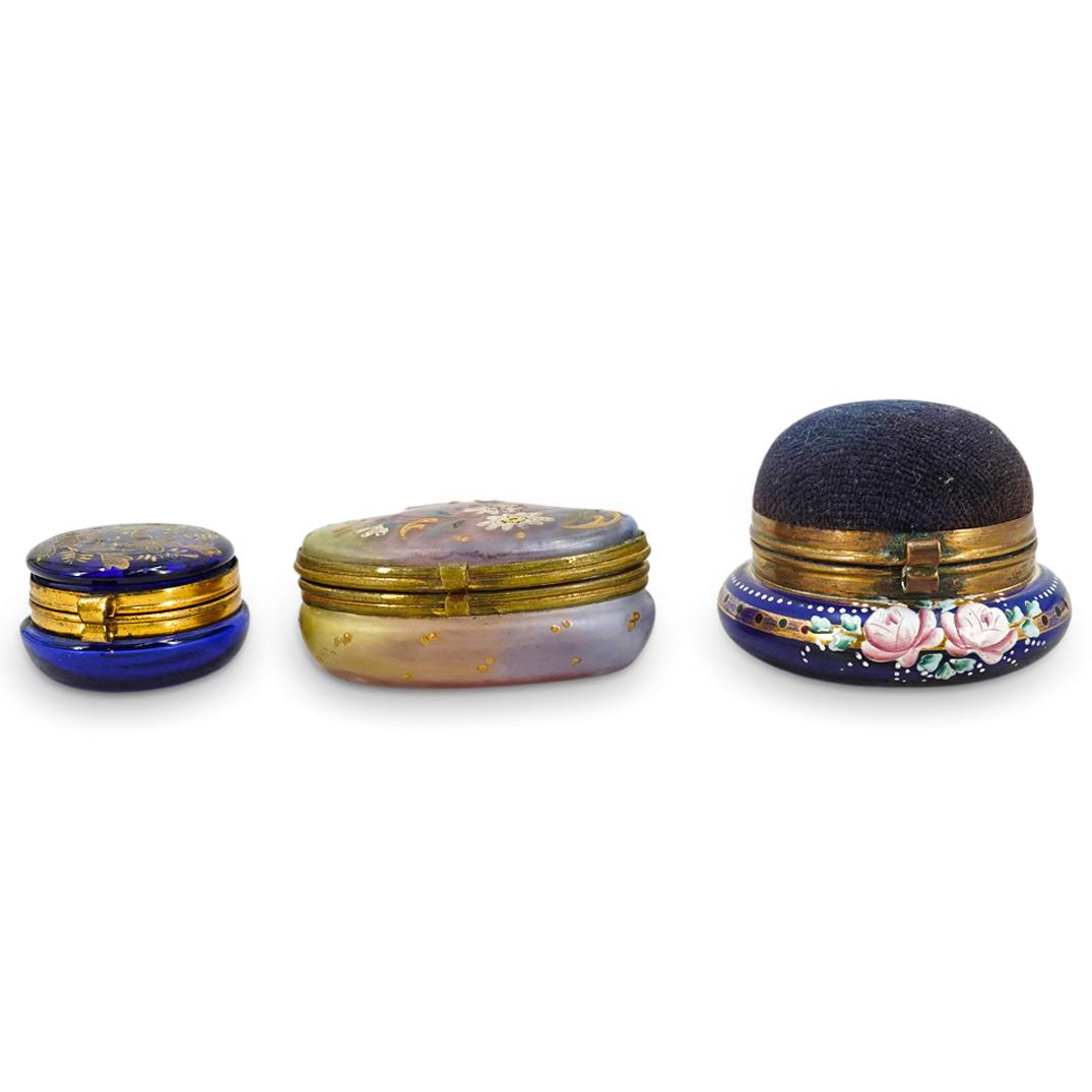 (3) Victorian Boudoir Painted Glass Hinged Jewel Casket Boxes (1 of 9)