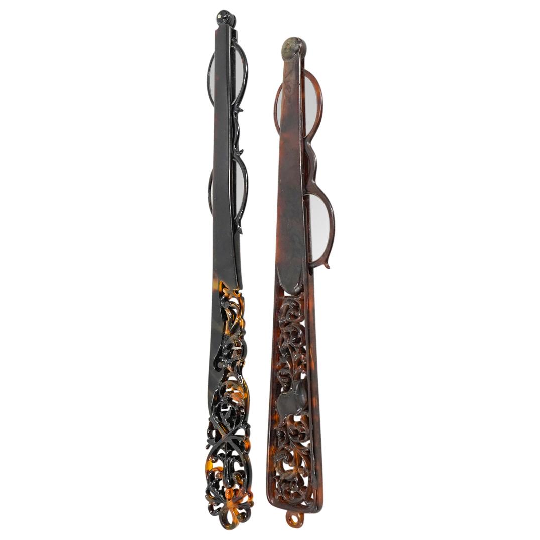 (2 Pc) Antique Faux-Tortoiseshell Opera Lorgnette Long Handled Glasses (1 of 6)
