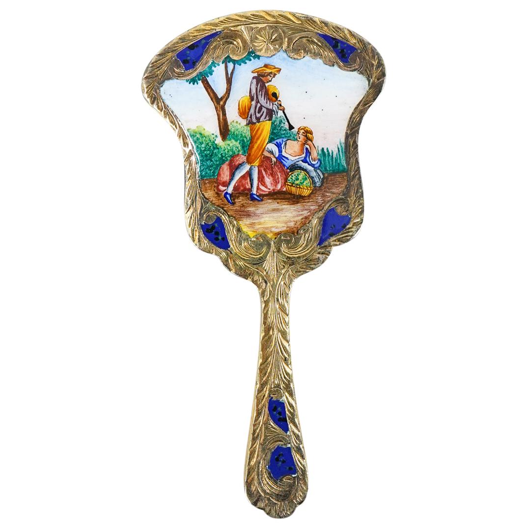 Antique Italian 800 Silver Small Enamel Hand Mirror (1 of 2)