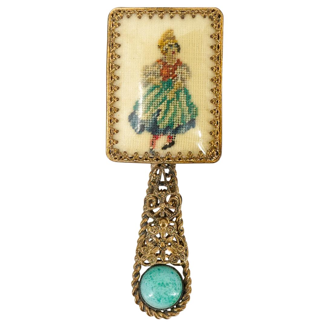 Vintage English Petit Point Small Handled Mirror (1 of 3)