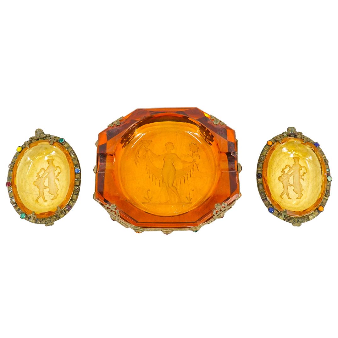 (3 Pc) Antique Czech Amber Etched Glass Ashtray Dishes (1 of 9)