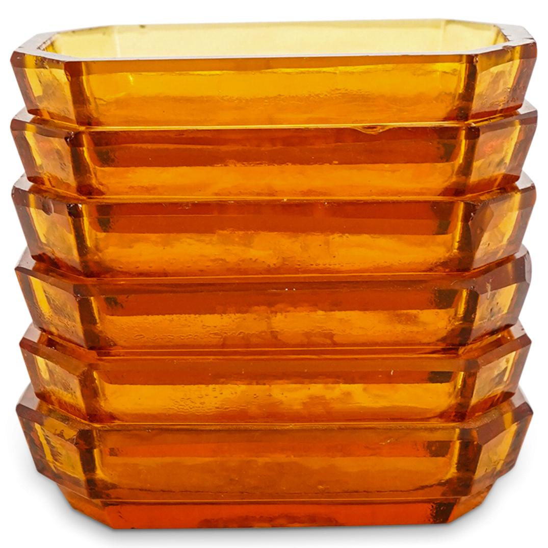 (6 Pc) Antique Czech Amber Etched Glass Cellar Dishes (1 of 3)