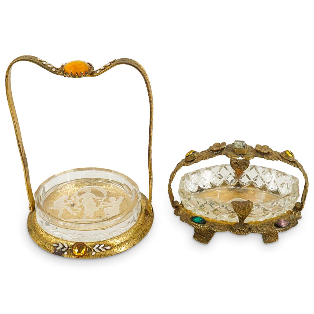 (2 Pc) Czech Glass Ornate Jeweled Cellar Carriers: DESCRIPTION: (2 Pc) Two ornate jeweled Czech salt cellar carriers composed of brass with cameo glass inserts and stone embellishment details. One carrier is marked on the underside "Made in Czechoslov