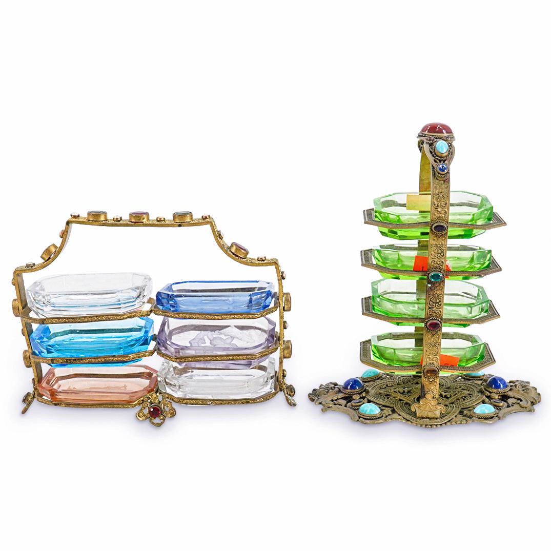 (2 Pc) Czech Glass Ornate Jeweled Cellar Carriers (1 of 9)