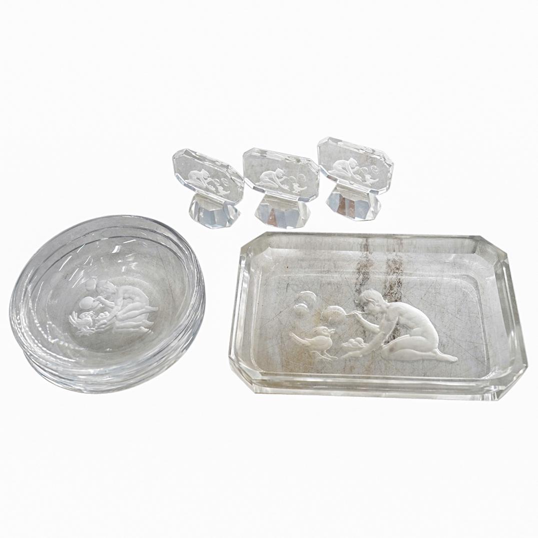 (7 Pc) Antique Czech Etched Glass Grouping Set (1 of 6)