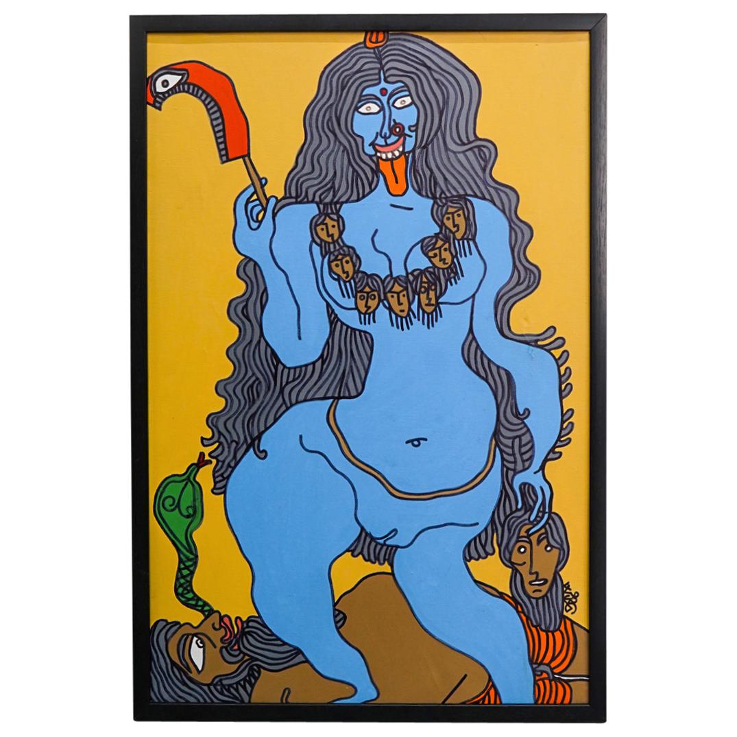 Prokash Karmakar (Indian, 1933-2014) Nude Kali Acrylic on Canvas: DESCRIPTION: Acrylic on canvas painting by Indian artist Prokash Karmakar (1933-2014); Depicting the hindu deity Kali wearing a necklace composed of heads, and standing atop Shiva, and above a snake. 