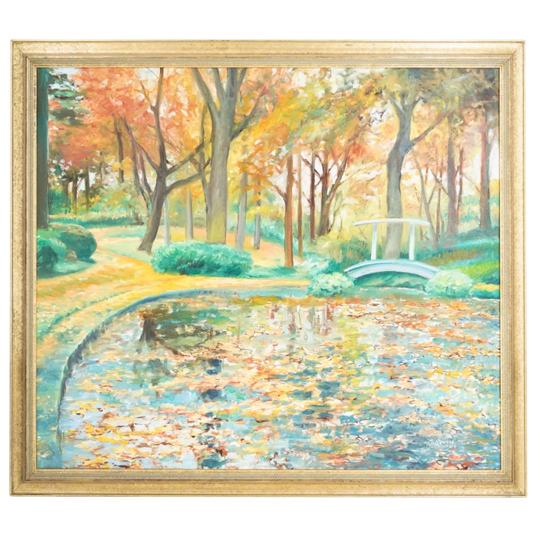 Richard La Rovere (American) Impressionist Landscape Oil on Canvas Painting: DESCRIPTION: Landscape oil on canvas painting by American artist Richard La Rovere; Depicting in a impressionist manner a colorful Fall scene of a forest, a reflective body of water surmounted by a br