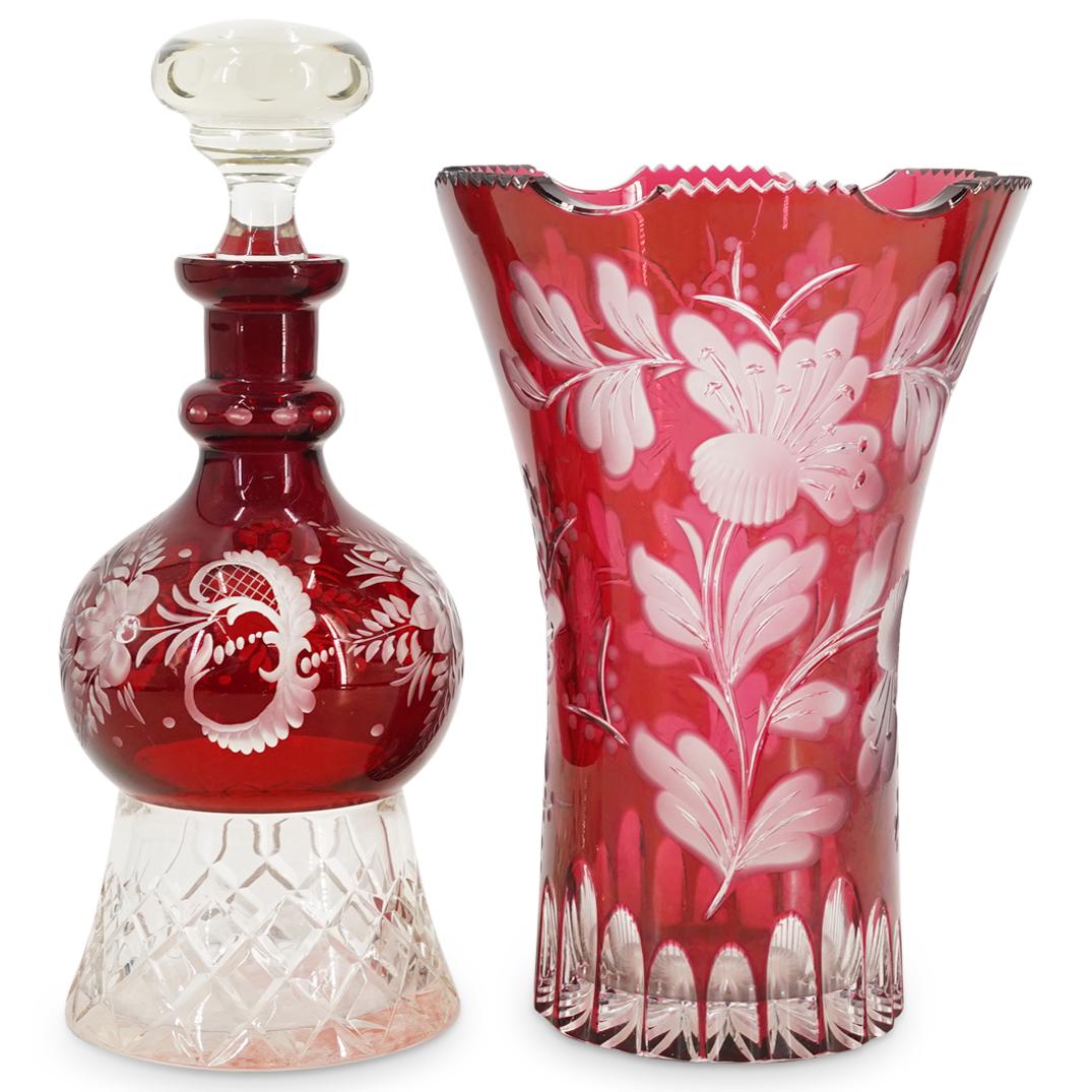 (2Pc) Czechoslovakian Red Cut to Clear Crystal Decanter & Vase (1 of 6)