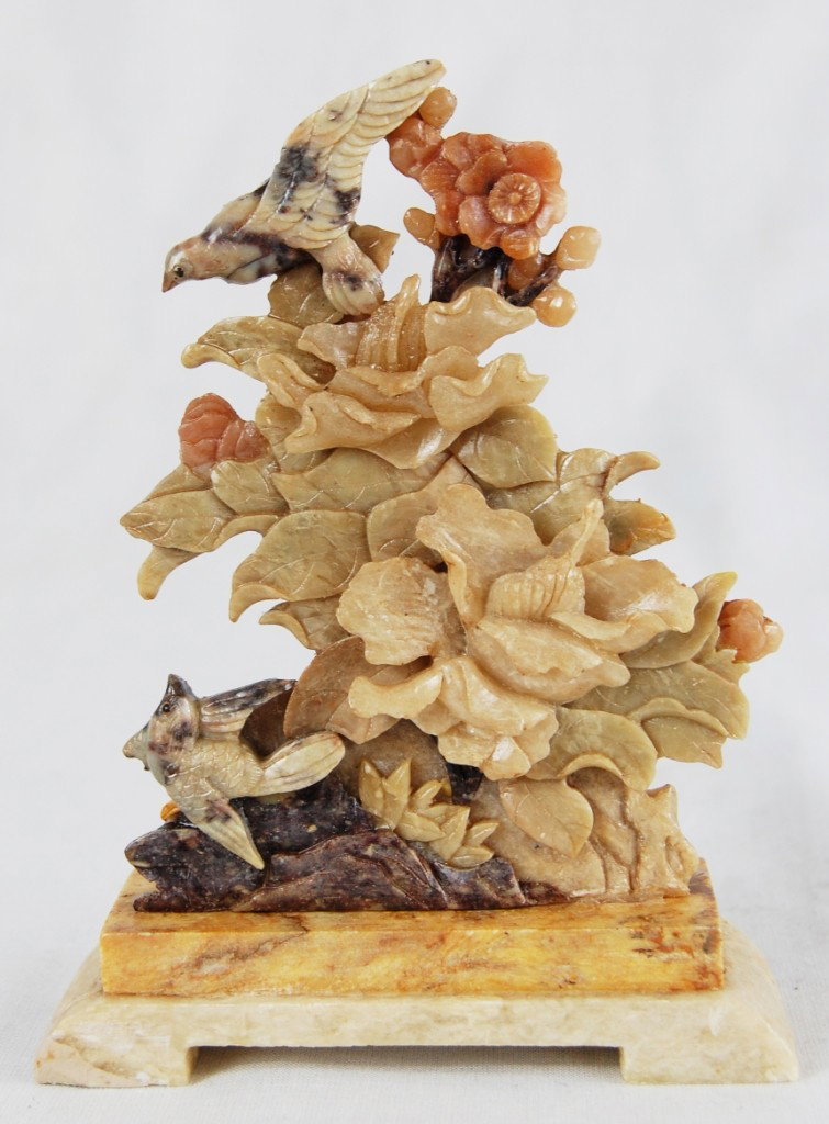Chinese Carved soapstone, floral motif: DESCRIPTION: Carved soapstone, floral motif CIRCA: 1940s MADE IN: China DIMENSIONS: H:5" L:6" RESERVE: None