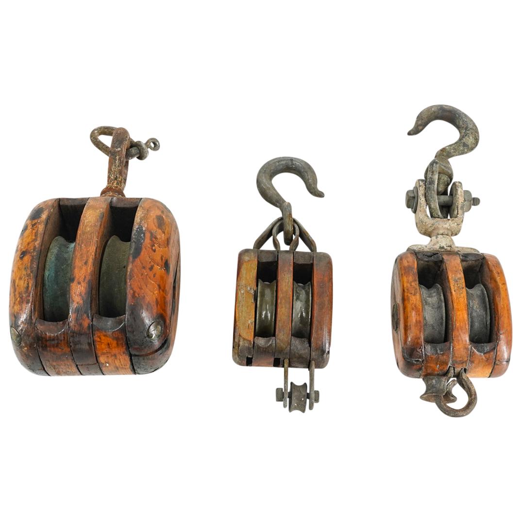 (3 Pc) Wood And Metal Nautical Double Blocks (1 of 14)