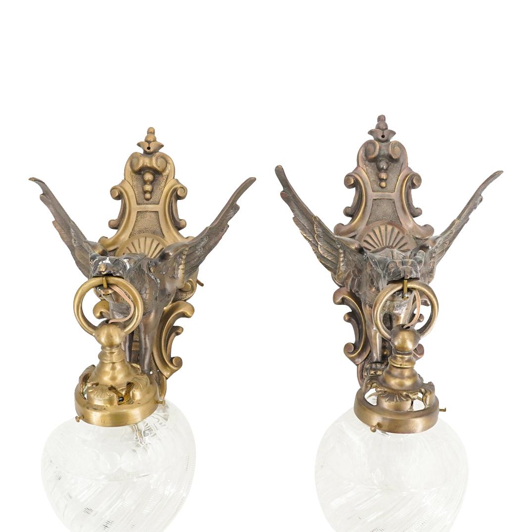 Pair of French Art Nouveau Bronze Griffin & Glass Sconces (1 of 7)