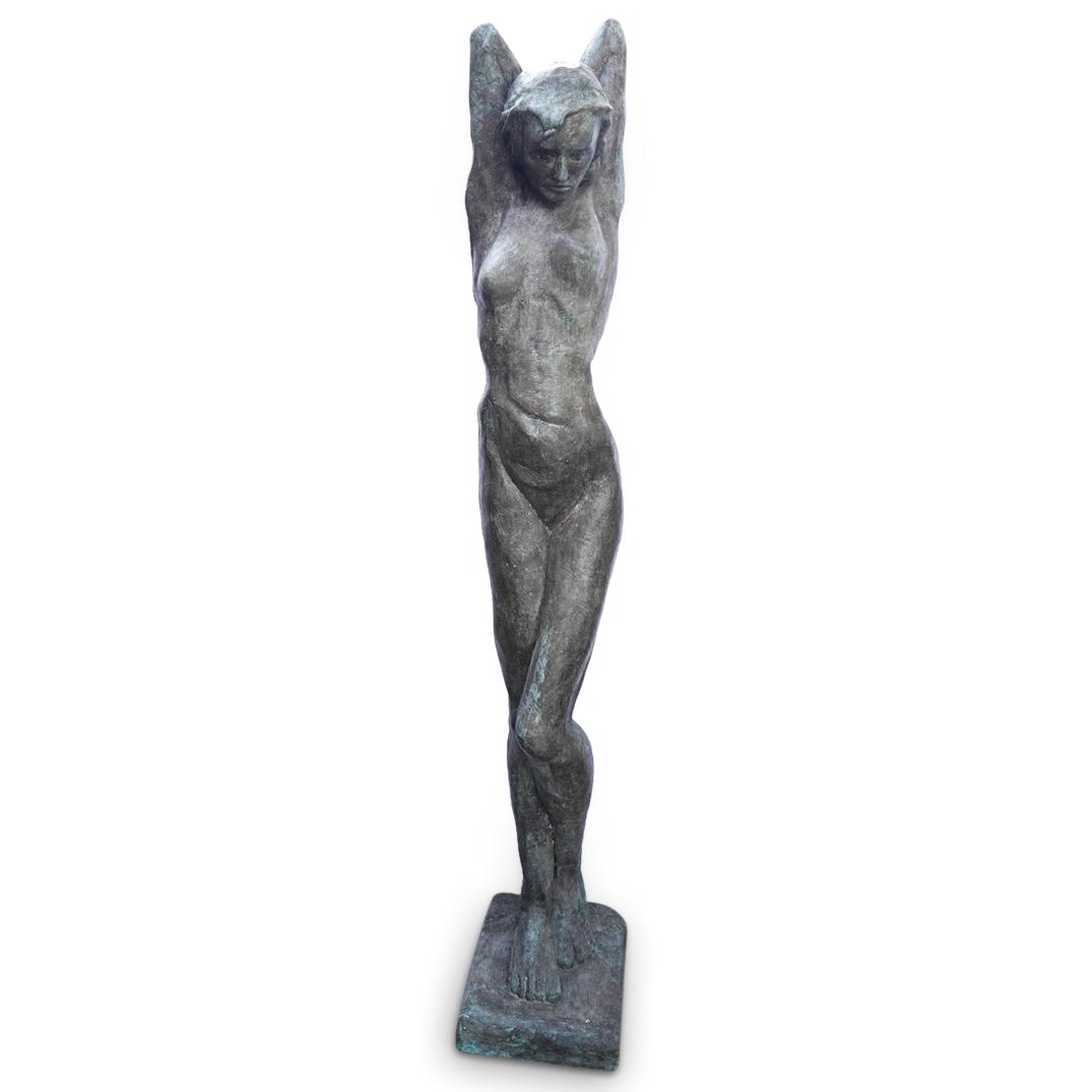 Cast Stone Figural Nude Garden Statue: DESCRIPTION: A cast stone garden statue depicting a posed nude figure of a women with grey finish. CIRCA: 20th Century ORIGIN: Continental DIMENSIONS: H: 65" x W: 13.5" x L: 10.5" Have a similar item 