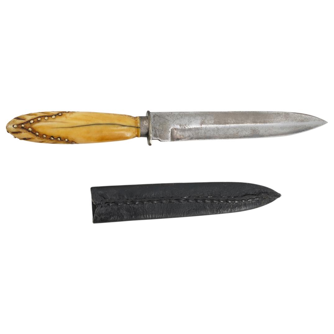 Antique Attr. Michael Price Dagger: DESCRIPTION: Antique Michael Price gold rush era attributed knife dagger featuring a bone handle with inset metal studs, and a spear point blade. Rests in a black leather sheath. Impressed at the rica