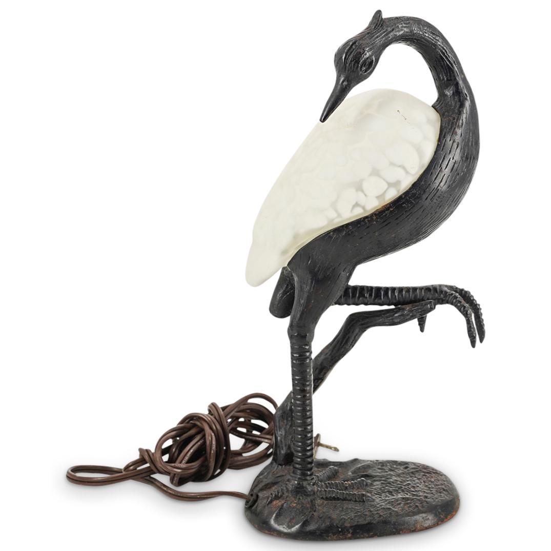 Antique Tiffany Style Wrought Iron And Glass Egret Table Lamp (1 of 9)