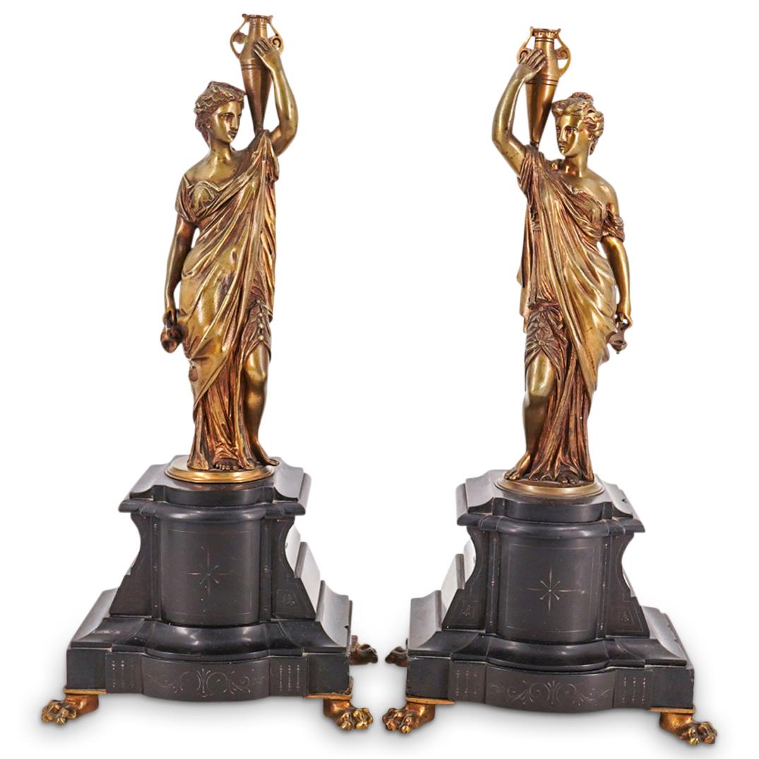 Pair Of Gilt Bronze Neoclassical Figures On Black Marble Bases (1 of 10)