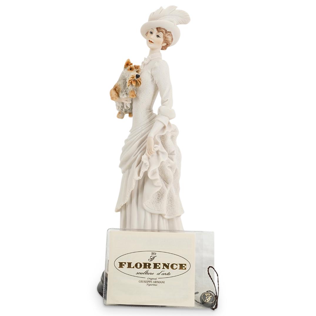 G. Armani "Eloise" Capodimonte Porcelain Figurine: DESCRIPTION: A Giuseppe Armani Capodimonte porcelain figurine. Model "Eloise". Depicts a Romantic Era lady holding her dog in her right arm. With wooden base. Marked with the Capodimonte and Giuseppe 