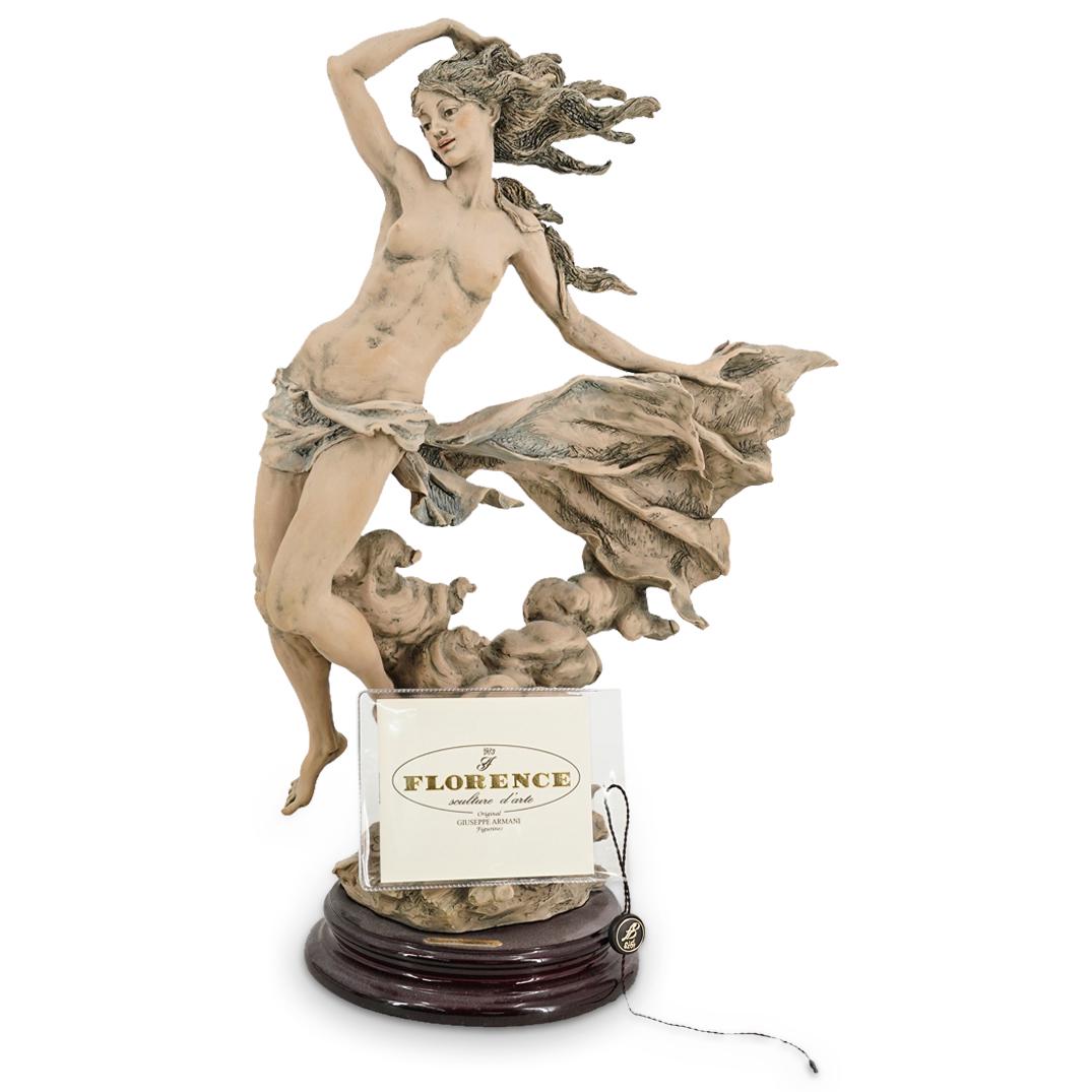 Limited Edition G. Armani "Zephyr" Capodimonte Porcelain Figurine: DESCRIPTION: A limited edition Giuseppe Armani Capodimonte porcelain figurine in terracotta colored finish. Model "Zephyr". With wooden base. Marked with the Capodimonte and Giuseppe Armani signature 