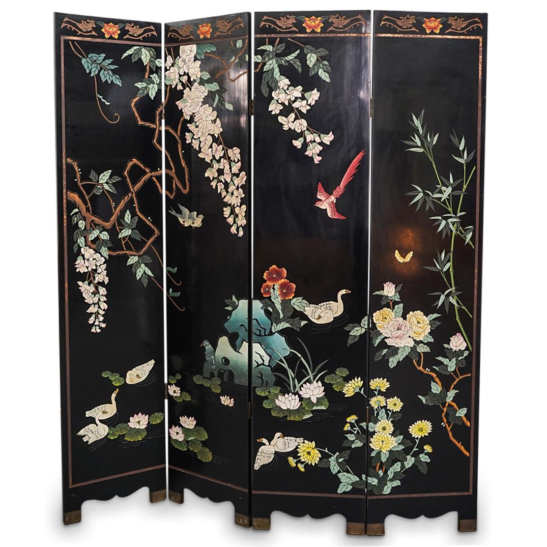 Vintage Chinese Four Panel Lacquered Wood Screen (1 of 14)