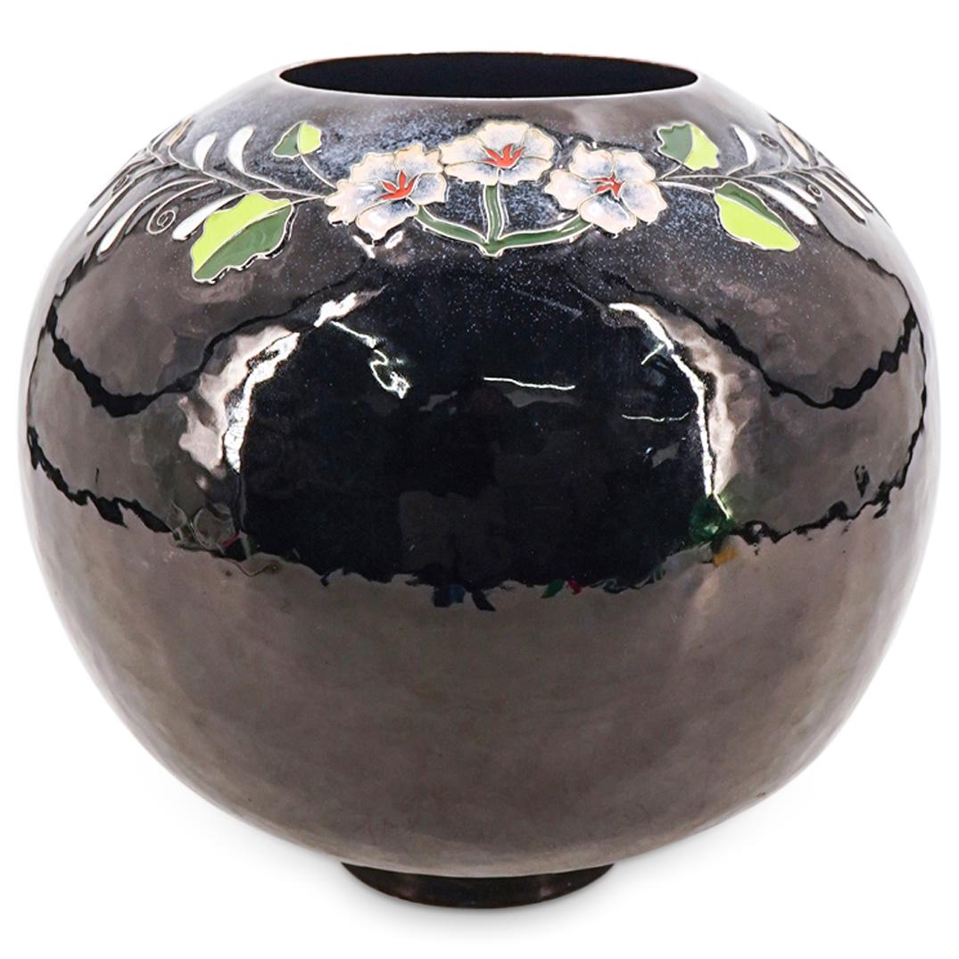 Miguel Pineda (Mexican, b. 1940) Enameled Metal Vase: DESCRIPTION: Spherical vase by Mexican artist Miguel Pineda (b. 1940), enameled black throughout over silver plated metal and presenting polychrome enameled flower depictions in raised scrolling wire 