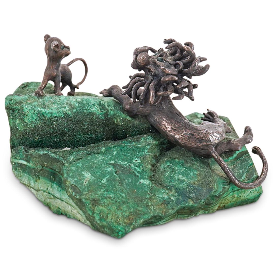 James Schwabe (1918-2008) Silver Lion And Cub On Malachite: DESCRIPTION: Silver and malachite sculpture by James Schwabe depicting a silver lion and his silver cub on a malachite base. Signed under lion's tail and numbered "2". CIRCA: 20th Century ORIGIN: USA