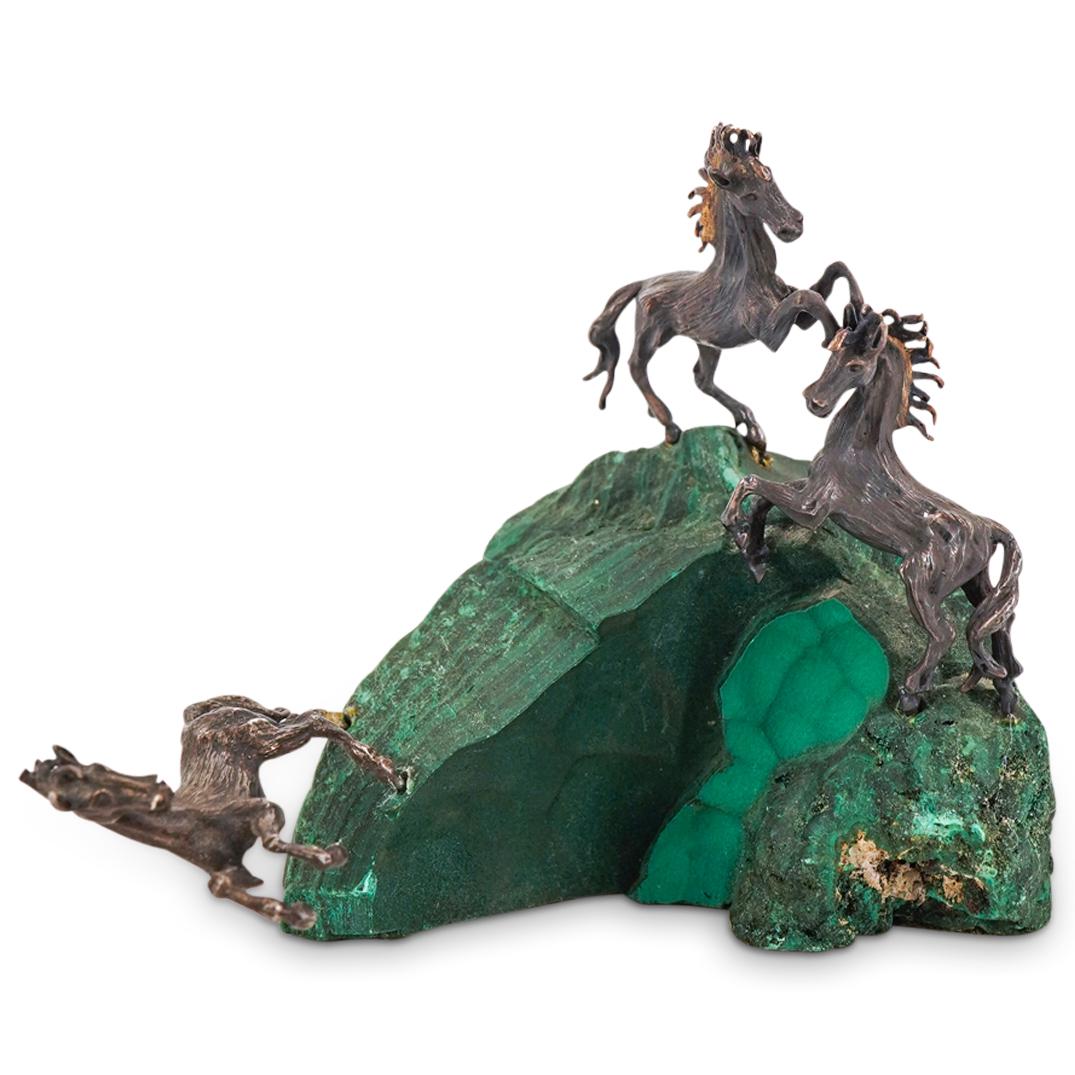 James Schwabe (1918-2008) Silver Horses On Malachite: DESCRIPTION: Silver and malachite sculpture by James Schwabe depicting three silver horses on a malachite base. Signed and numbered "41" on polished surface. CIRCA: 20th Century ORIGIN: USA DIMENSIONS