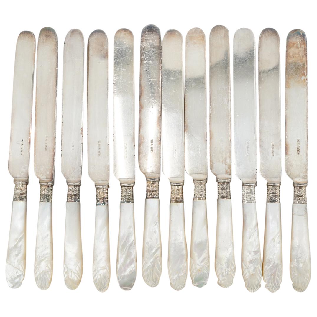 (12 Pc) English Mother of Pearl and Silver Plated Knife Set (1 of 3)