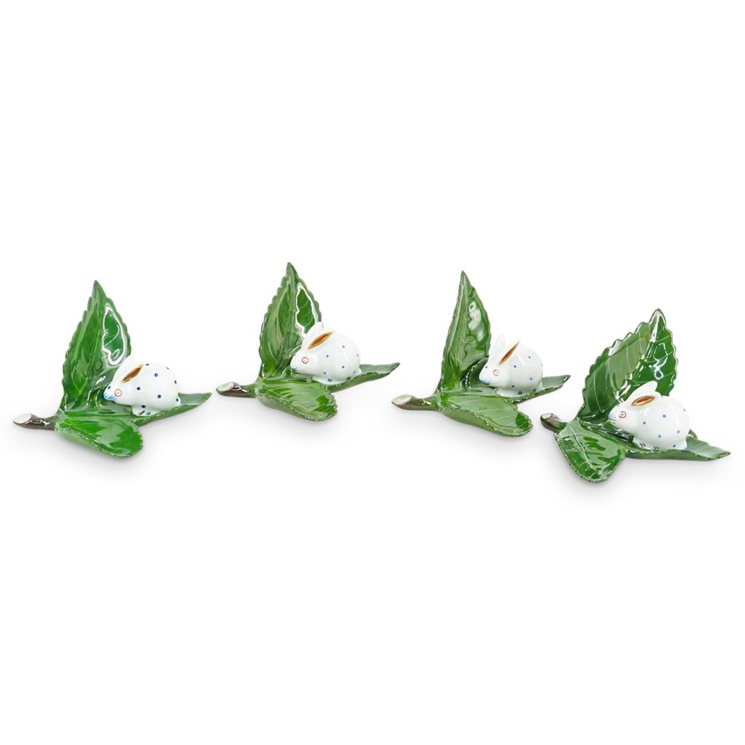 (4 Pc) Herend Porcelain "Rabbit On A Leaf" Small Figurines (1 of 5)