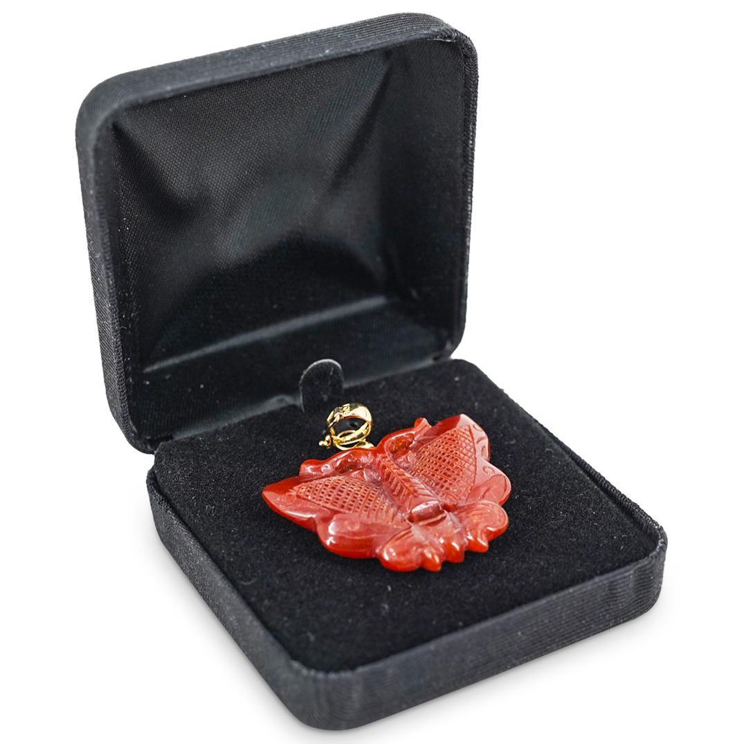 Chinese Red Agate & 14K Gold Butterfly Carved Pendant (1 of 4)