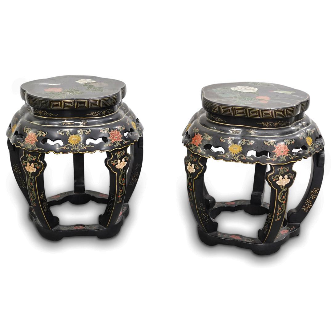 Pair of Chinese Lacquered Black Wooden Drum Stool (1 of 20)