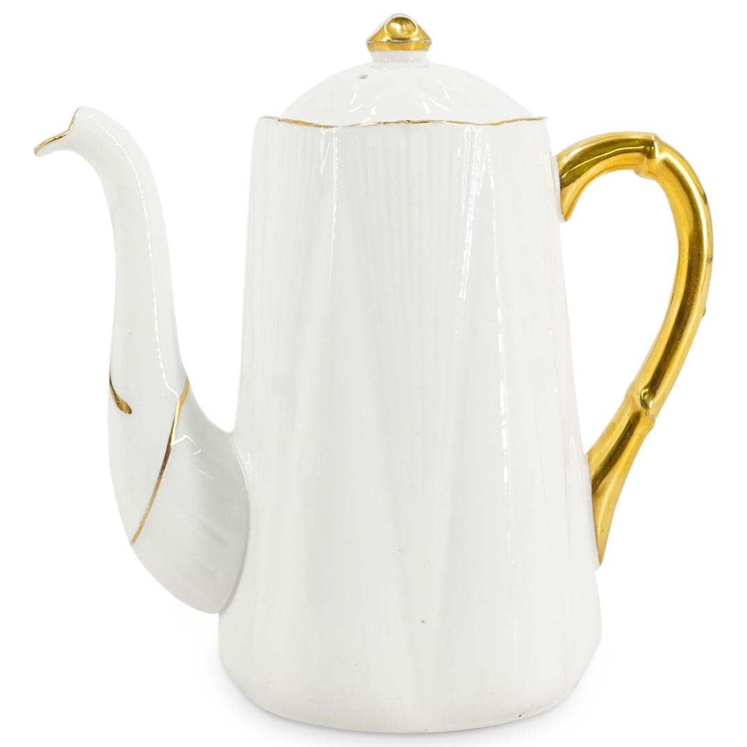 English Shelley Porcelain "Regency" Lidded Mini Coffee Pot: DESCRIPTION: English Shelley porcelain lidded mini coffee pot in the "Regency" pattern. In white glazed porcelain decorated with gilded accents. Small coffee pot for two cups. Marked along the undersi