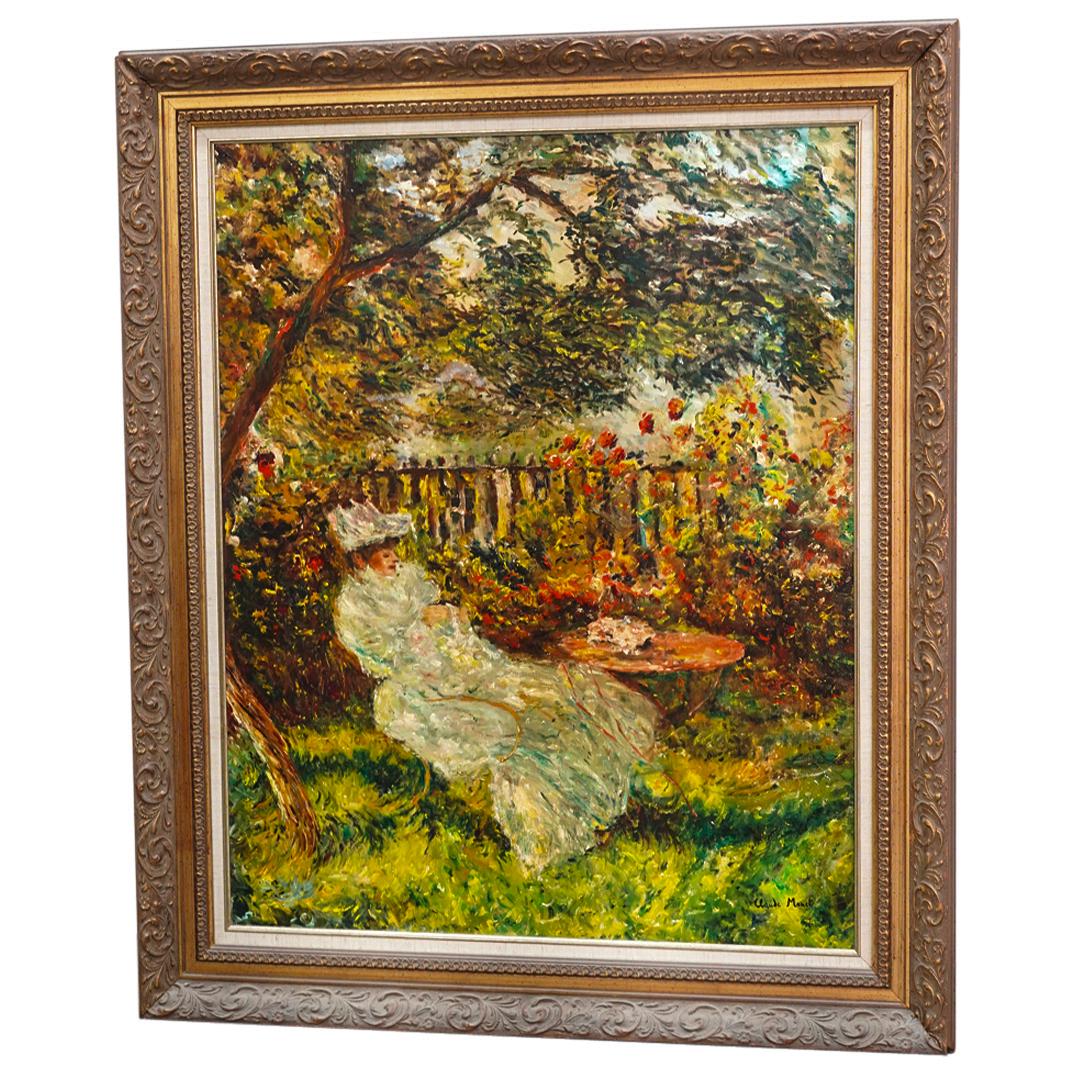 After Claude Monet French (1840-1926) Alice Hoschede au jardin" Oil on Canvas Painting: DESCRIPTION: After Claude Monet French (1840-1926) Oil on canvas painting depicting Monet's "Alice HoschedÃ© au jardin" mounted in gilt carved frame. CIRCA: 20th Century ORIGIN: Continental DIMENSIO