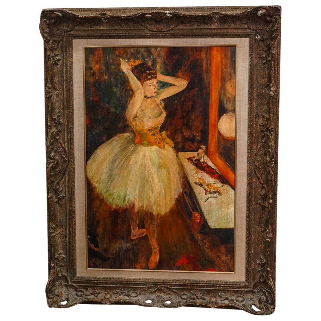 After Edgar Degas French (1834-1917) Oil on Canvas Painting: DESCRIPTION: After Edgar Degas French (1834-1917) Oil on canvas painting depicting "Dancer In Her Dressing Room" mounted in ornate carved frame. CIRCA: 20th Century ORIGIN: Continental DIMENSIONS: (Im