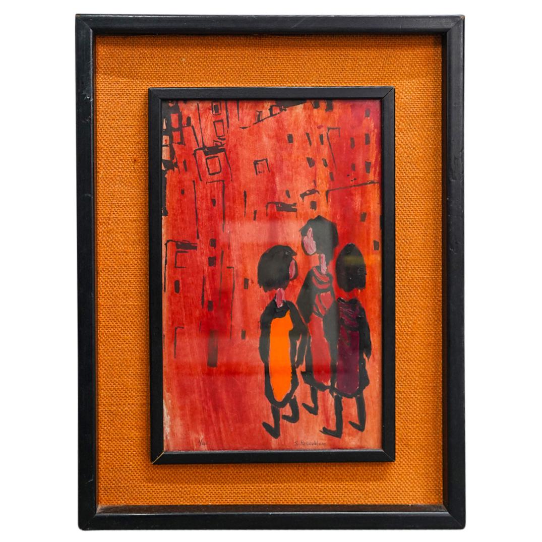 Sadie Rosenblum (Ukrainian, 1899-1987) Oil Painting on Paper 1/100: DESCRIPTION: 1/100 Oil painting on paper by Ukrainian artist Sadie Skoletsky Rosenblum (1899-1987); Depicting in a minimalist manner three standing figures over a red background with black details of 