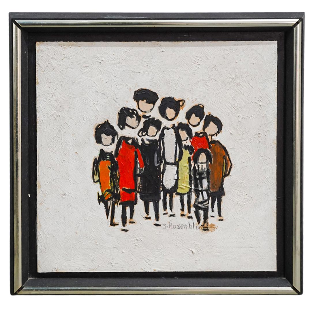 Sadie Rosenblum (Ukrainian, 1899-1987) Oil Painting on Masonite: DESCRIPTION: Oil painting on masonite by Ukrainian artist Sadie Skoletsky Rosenblum (1899-1987); Depicting in a minimalist manner a group of figures over a painted and textured white background. Signe