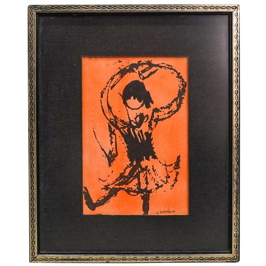 Sadie Rosenblum (Ukrainian, 1899-1987) Woodblock Print on Paper: DESCRIPTION: Woodblock print on paper by Ukrainian artist Sadie Skoletsky Rosenblum (1899-1987); Depicting in a minimalist manner a dramatic posed girl in black over a pale orange background. Signed l