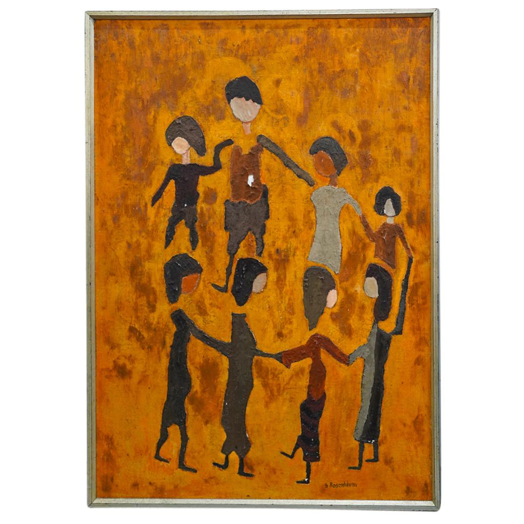 Sadie Rosenblum (Ukrainian, 1899-1987) "Circle of Eight Dancers" Oil Painting on Canvas: DESCRIPTION: Oil painting on canvas over board by Ukrainian artist Sadie Skoletsky Rosenblum (1899-1987) "Circle of Eight Dancers"; Depicting in a minimalist manner a group of figures over a textured 